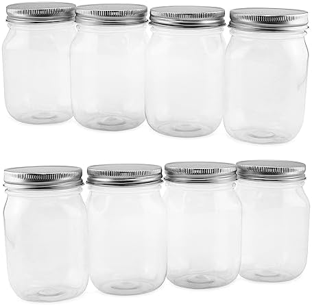 Cornucopia Brands 16-Ounce Clear Plastic Mason Jars (8-Pack, Silver Metal Lids); PET BPA-Free Mason Jars w/One Piece Lids, 2-Cup/Pint Capacity