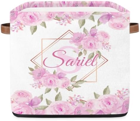 Personalized Storage Baskets for Organizing, Foldable Storage Bins with Handles Custom Cute Basket for Boys, Girls, Pet, Clothes, Blanket, Bedroom Nursery Toy Storage Gift,13 x13 x13 Inch, Flower Pink