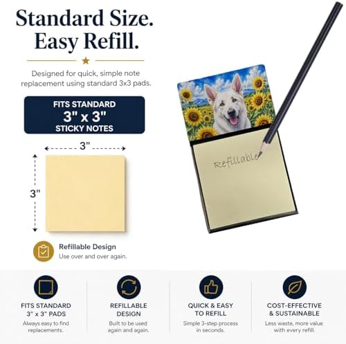 Caroline's Treasures White German Shepherd in Sunflowers Watercolor Sticky Note Holder Refillable Dispenser Desk Accessory 3x3 Pad Gift