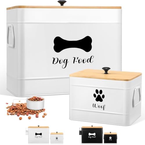Newtay 2Pcs Extra Large Metal Dog Food Containers Airtight 12 & 3.5 Lbs Dog Treat Snack Jars Set of 2 with Bamboo Lids and Spoons Farmhouse Big Pet Cookie Storage Jars for Kitchen Counter Gift (White)