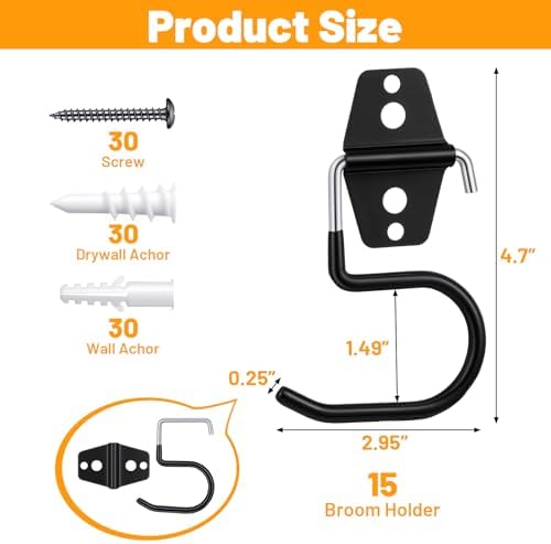 15 Pack Broom Holder Wall Mount - Heavy Duty Metal S Hooks with Anti-Slip Coating, Tool Hangers for Garage, Shed & Garden Organization, Includes Screws & Anchors