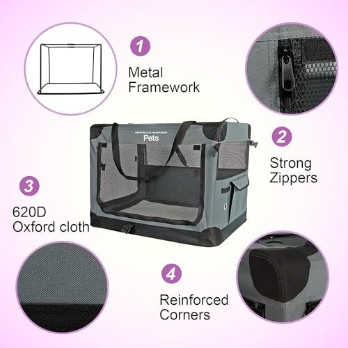 Ashfield & Harkness Collapsible Soft Dog Crate 30" - Gray, Portable | Sherpa-lined mat, waterproof & washable, steel frame, mesh windows - 30"×22"×22", folds to 3" - ideal for medium dogs up to