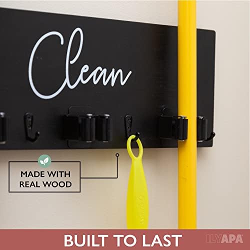 Ilyapa Mop and Broom Holder Wall Mount, Black Wall Hanging Wooden Brooms and Mops Organizer, Kitchen & Laundry Room Broom Hanger Organizer Storage Rack