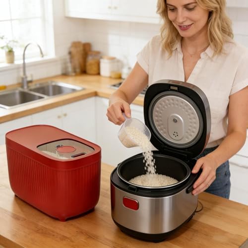 Airtight Rice Storage Container, Dry Food Dispenser with Transparent Sealed Lid for Kitchen Pantry Organization for Storing Rice, Cereal, Flour, Pet Food and Other Dry Ingredients (Red, M)