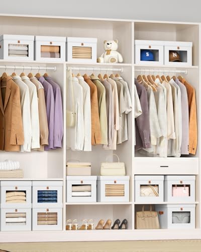 Homsorout Storage Bins with Lid – Closet Organizer with Side Opening and Clear Window, Foldable Stackable Fabric Basket for Clothes, Home, Office - 13.77" x 11.8" x 9.8", 3 Pack, White