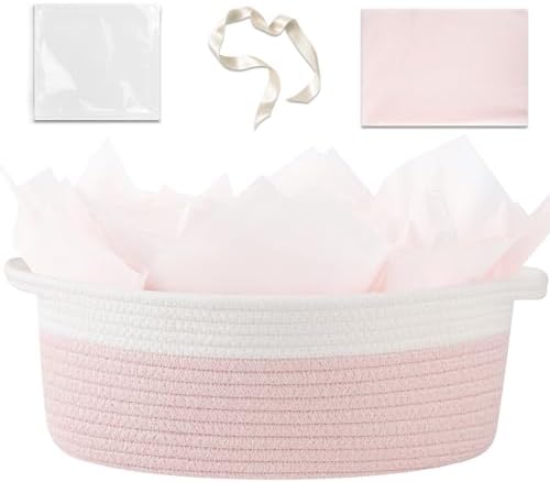 OIAHOMY Gift Basket Empty with Handle, 13.4"x 10"x 5.5" Small Woven Basket with Gift Bag, Ribbon and Wrap Tissue Paper, Dog Toy Storage for Organizing - Pink & White