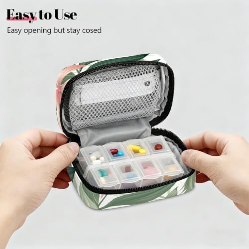 Travel Pill Organizer Tropical Pink Flowers and Leaves Pill Case