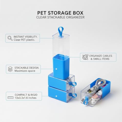 Stackable PET Storage Box, Rigid Clear Organizer for Cables & Small Items, Durable Transparent Container, 13 x 3.3 x 1.6 Inches