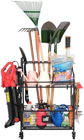 Mythinglogic Rolling Garden Tool Organizer for Garage, Yard and Lawn Tools | Metal rolling rack with multiple tool slots, movable hooks and locking casters for rakes, shovels, brooms and yard tools