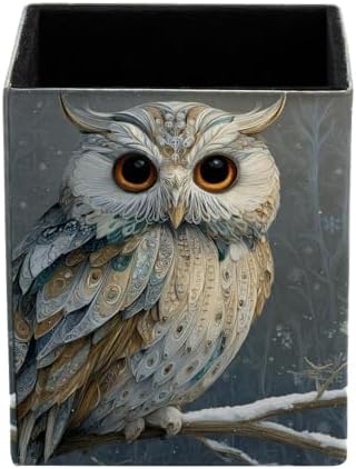 Cute Owl Pen Holder for Desk Decor, Rectangular PVC Leather Pencil Cup for Desk Pen Organizer, Makeup Brush Holder for School, Home, Office