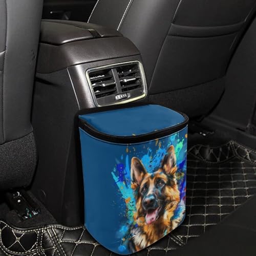 DISNIMO German Shepherd Car Trash Can Car Accessories Organizer Garbage Bag Dustbin Container with Zipper Lid Waste Basket Storage Pockets Hanging Vehicle Trash Bin