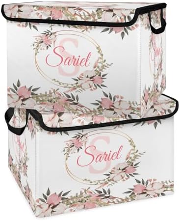 Pink Flower Storage Bin with Lid Personalized Storage Baskets for Organizing Foldable Closet Organizers with Handles,Cute Basket for Boys Girls for Clothes Blanket Pet Dog Toy Basket Storage (2 Pack)