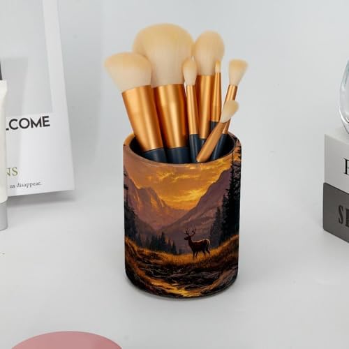 Faux Leather Pen Holder for Desk, Pencil Organizer Sunset and Deer Pen Cup Desk Decor Makeup Brush Holder Storage for Office Home