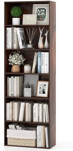 Giantex 6-Tier Bookcase, 70" Tall Wooden Bookshelf, Freestanding Storage Organizer w/Open Shelves, Anti-Tipping Kits, Modern Floor Standing Display Shelves for Living Room, Bedroom (1,Rustic Brown)