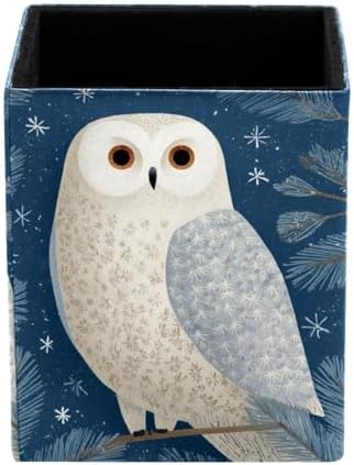 Owl Pen Holder for Desk Decor, Rectangular PVC Leather Pencil Cup for Desk Pen Organizer, Makeup Brush Holder for School, Home, Office