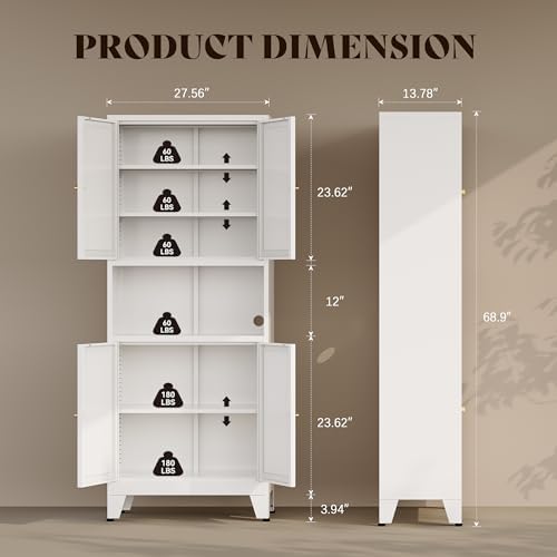 69"H Metal Storage Cabinet with Doors and Shelves,Tall White Cabinets,Bathroom Storage Cabinet,Large Cabinets with Glass Doors and Adjustable Shelves,Cabinet for Bathroom, Living Room, Dining Room