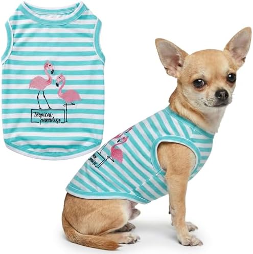 Parisian Pet Flamingo Dog Shirt – 100% Cotton Striped Shirts for Small Dogs – Sleeveless Puppy Vest – Lightweight and Breathable Pet Apparel – Pullover Summer Dog Clothes - Stretchy T Shirts for Dogs