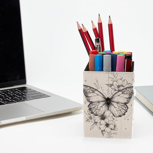 Simple Butterfly Pen Holder for Desk Decor, Rectangular PVC Leather Pencil Cup for Desk Pen Organizer, Makeup Brush Holder for School, Home, Office