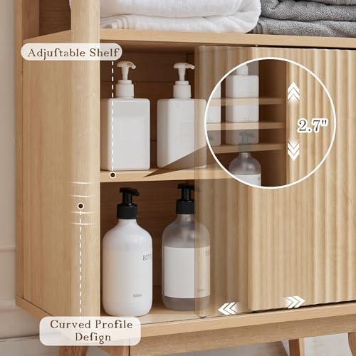 Grepatio Bathroom Floor Cabinet, Fluted Storage Cabinet with Sliding Door & 3 Drawers, Freestanding Cabinets Organizer Storage w/Adjustable Shelf, Faux Marble Top for Bathroom, Kitchen (Natural)