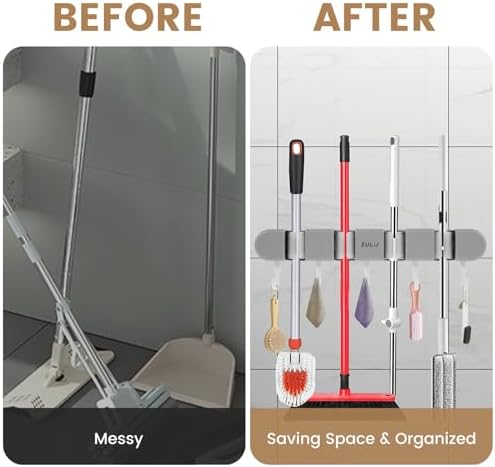 2Pcs Broom Holder Wall Mount, No-Drilling Self-Adhesive Mop and Broom Storage Rack with Hooks (4 Racks with 5 Hooks), Wall-Mounted Broom Hanger for Bathroom, Kitchen, Closet, Garage (Grey)