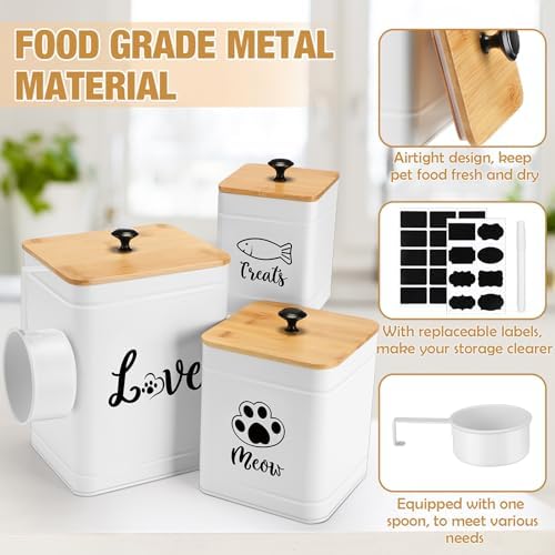 Jingmore Metal Airtight Cat Food Containers Set of 3 with Bamboo Lids and Spoon 7+3+2 Lbs Cat Treat Storage Container Countertop with DIY Labels Pet Cookie Organizer Jars for Kitchen Counter(White)