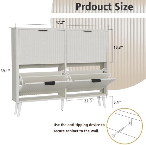 KIGOTY Narrow Shoe Storage Cabinet, Shoe Cabinet with 4 Flip Drawers, Freestanding Shoe Organizer with Legs for Entryway, Slim Shoe Rack Cabinet for Enterway (White, 4 Flip Drawer)