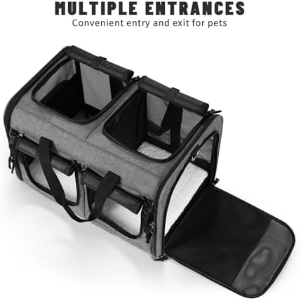 Cat Carrier for 2 Cats, Foldable Double Cat and Dog Carrier, Small to Medium Size, 2 Front Zippered Compartments,Two Pets Carrier for Travel,Mulitple Cat Carrier (Dark Gray with Flat Pocket)