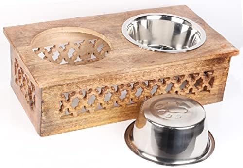 Wooden Elevated Pet Feeder Station with 2 Stainless Steel Bowls | Raised Dog & Cat Feeding Stand | Food & Water Bowl Holder for Cats, Puppies | Wooden Pet Dining Table | 16 x 8.5 x 5 Inches