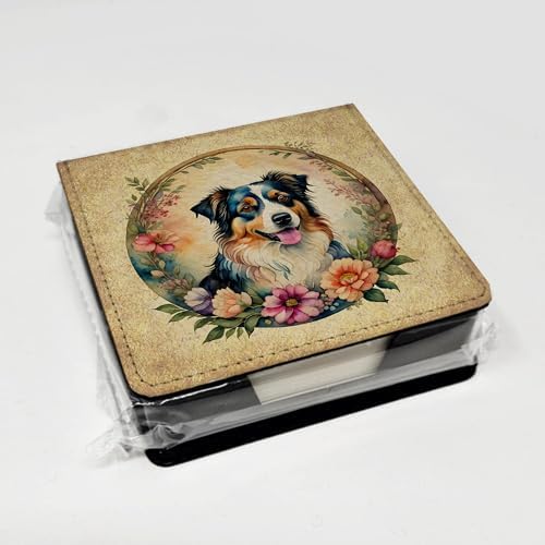 Caroline's Treasures Australian Shepherd and Flowers PU Leather Note Paper Holder with Artist-Designed Cover, Desk Accessory, Office Gift