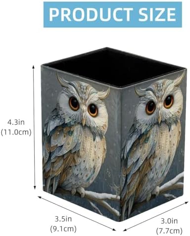 Cute Owl Pen Holder for Desk Decor, Rectangular PVC Leather Pencil Cup for Desk Pen Organizer, Makeup Brush Holder for School, Home, Office