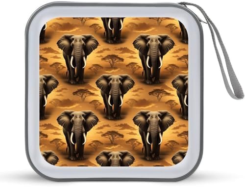 40-Disc CD/DVD Organizer Wallet African Elephant, Heavy-Duty Hard Plastic Binder, Portable Storage Case with Carry Strap for Car