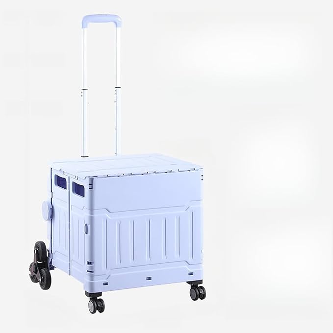 Collapsible Shopping Box Trolley on Wheels with Lid,75L Large Capacity Folding Portable Rolling Crate Handcart with Telescopic Handle for Camping (Purple,Eight Wheel Large)