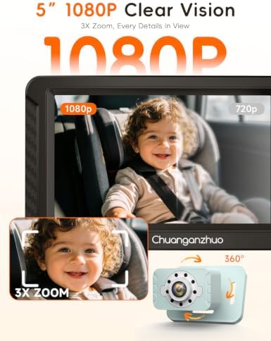 S100C Baby Camera for Car USB Powered, Crystal Clear Auto IR Night Vision in Total Dark, Adjust Brightness & 1080P 5" IPS Monitor, 3X Zoom & 360° Rotating Backseat/Carseat Camera for Baby in Car