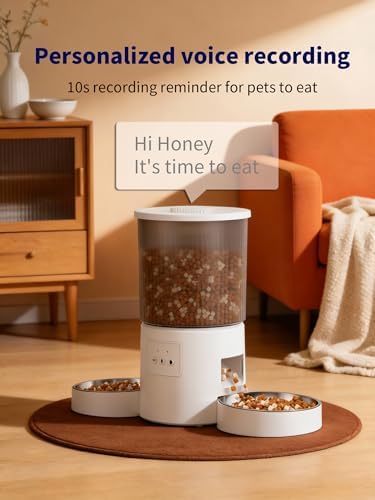 Automatic Cat Feeder, 2.4GHz WiFi Automatic Dog Food Dispenser, Fresh Protection, 4.5L Timer Feeder, Personalized Recording 10 Seconds, Easy to Clean, Stainless Steel Bowl (Double/White)