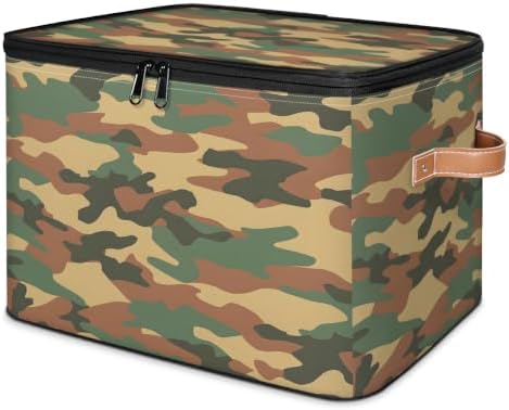 Green Camouflage Storage Box with Zipper Lid | Collapsible, Fabric, Storage Bin, Handle, Large, Closet Organizer, Containers, Bedroom, Home, Green Camo