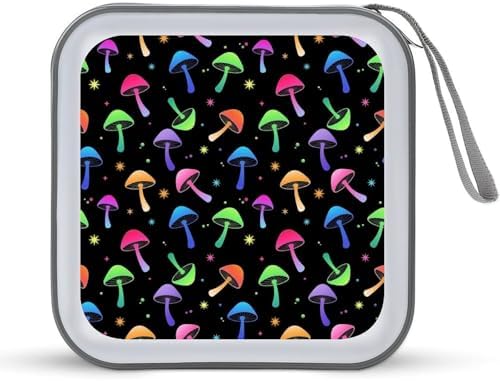 Hard Plastic CD/DVD Organizer Colorful Neon Mushrooms, 40-Disc Storage Binder with Zipper, Portable Protective Case for Car Office