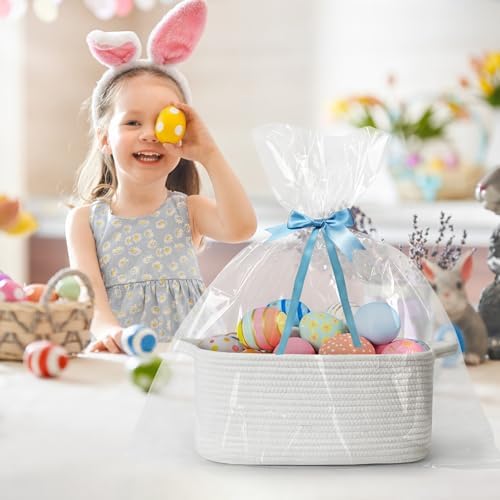 Cute White Woven Basket, Empty Gift Basket for Christmas, Thanksgiving, Easter, Birthday, Cotton Rope Storage Bin with Handle for Gifts, Toy, Blanket, Cat Dog Toy Box, Baby Nursery Organizer