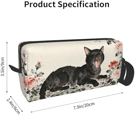 Yawning Black Cat Roses Makeup Bag for Women with Wrist Strap | Durable 600D Oxford Fabric Cosmetic Organizer,Compact Travel Pouch with Handle for Gym & Daily Use