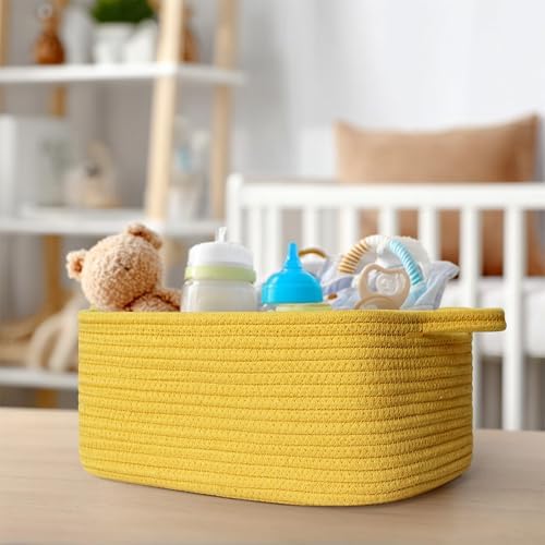 Cute Yellow Gift Basket, Woven Baskets for Gifts Empty, Cotton Rope Storage Bin for Organizing, Cat Dog Toy Box, Baby Nursery Organizer, Wicker Easter Basket with Handle, Yellow Room Decor
