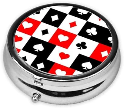 Travel Pill Organizer, Small Round Case with Mirror, Portable Pill Box for Fish Oil Vitamins, Pocket Purse Carry for Commuters, Checkered Suits Hearts Diamonds Clubs Spades Poker Playing Cards