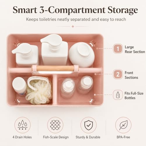 Haundry Portable Shower Caddy Basket with Handle, 3-Compartment Plastic Bathroom Organizer, Dorm Shower Basket for College Students, Quick Drain Storage Tote for Toiletries, Camping, Gym, RV
