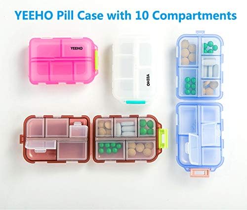 Pill Case - Portable Tablet Container Box with 10 Compartments - Medicine Capsule Vitamin Foldable Organizer Dispenser Holder Storage for Travel Trip Pocket Purse - Clear Blue