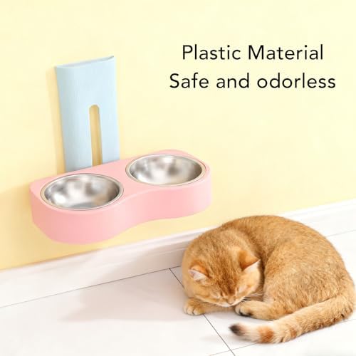 Wall Mounted Dog Bowls, Raised Cat Double Stainless Steel Bowl, Elevated Food and Water Bowls Kitten Feeding Dish Pet Feeder Station for Small Pets (Blue Pink)
