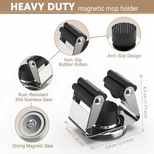 3-H 8 Pack Magnetic Broom Holder with 8 Pack Mini Magnetic Hooks,Silver | Stainless Steel No Drill Mop Holder, Movable Magnet Tool Organizer for Garage Laundry Kitchen Garden RV