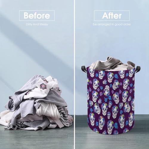 Large Capacity Foldable Hamper Flowers And Skulls Purple, Waterproof Laundry Basket with Handles for Bedroom, Bathroom, and Clothes Storage