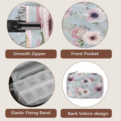 Travel Pill Organizer Watercolor Light Blue Pink Flower Pill Case