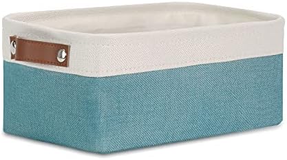 DULLEMELO Small Collapsible Fabric Basket for Organizing, Shelves, Closets, Laundry, Nursery, Decorative Gift Basket (White & Teal)