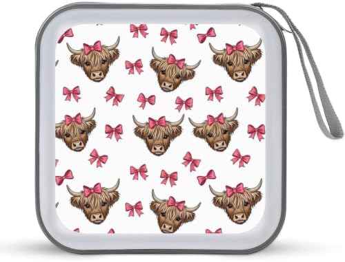 Hard Plastic DVD Storage Highland Cows CD Storage Binder Disc Wallet | 40 Capacity CD Holder Case, Scratch-Resistant, Zipper Closure for Home Office Car, Highland Cute Bow Cows