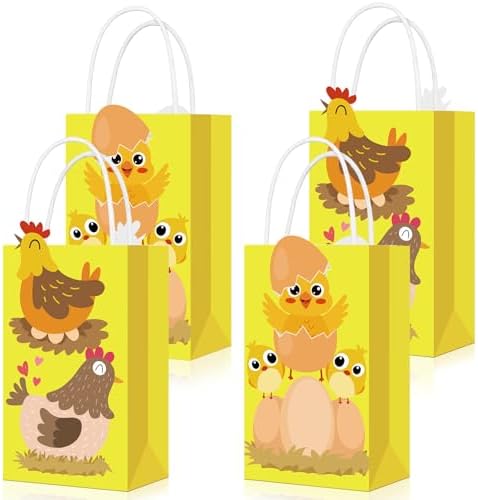 Trnayi 16 Pcs Gold Glitter Chicken Party Favor Bags Kraft Farm Animal Themed Goodie Bags with Handles Double-sided Printing Treat Bag for Birthday Easter Farm Animal Party Decorations