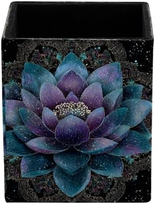 Lotus Flower Pen Holder for Desk Decor, Rectangular PVC Leather Pencil Cup for Desk Pen Organizer, Makeup Brush Holder for School, Home, Office